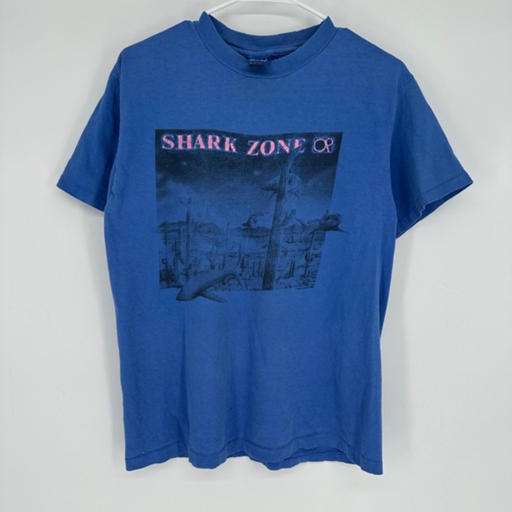 Vintage 80s 90s Ocean Pacific OP Shark‎ Zone Graphic Shirt Blue Mens L USA 1988